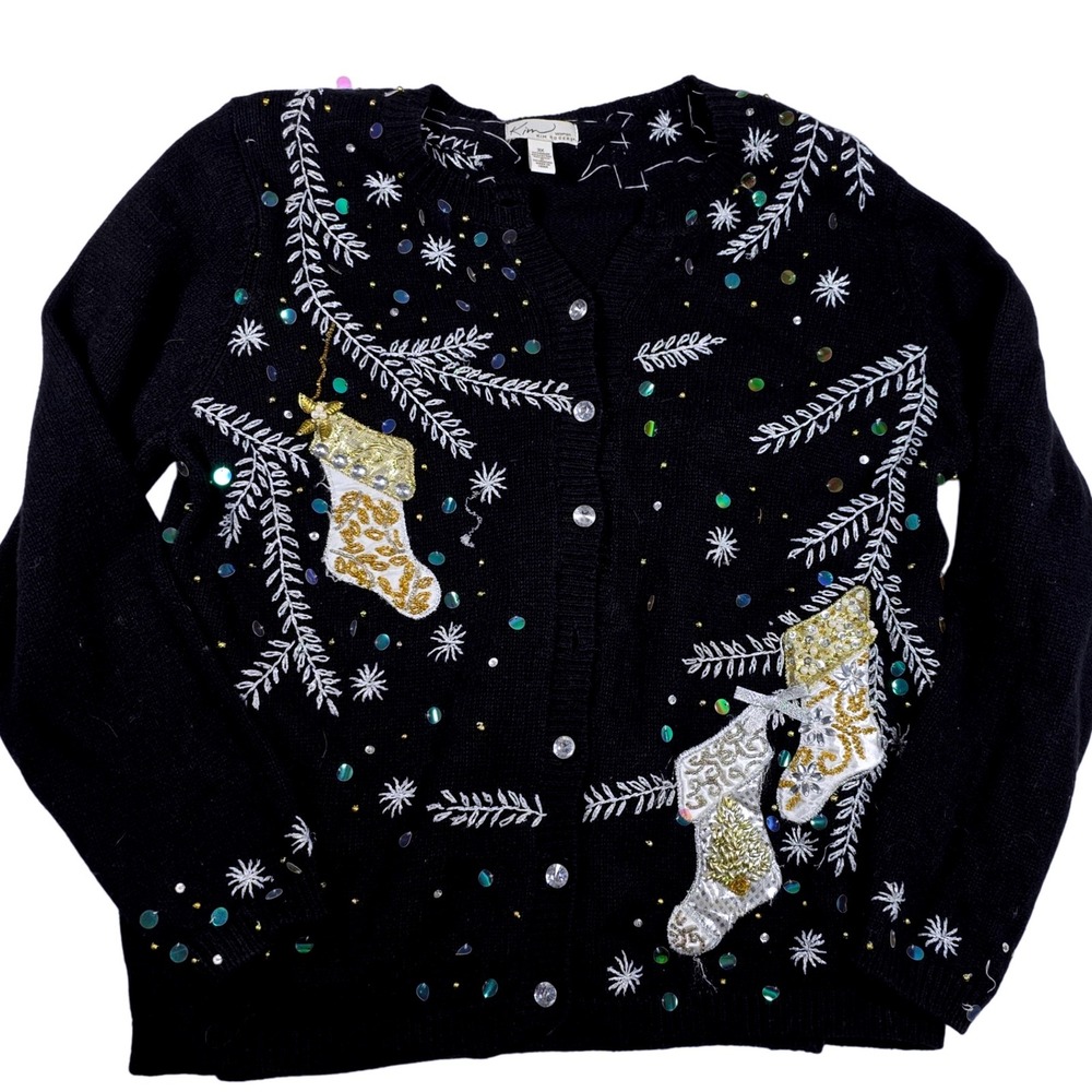 Kim Rogers Woman 3X Black Ugly Christmas Sweater Cardigan Stocking‎ Tree Sequins